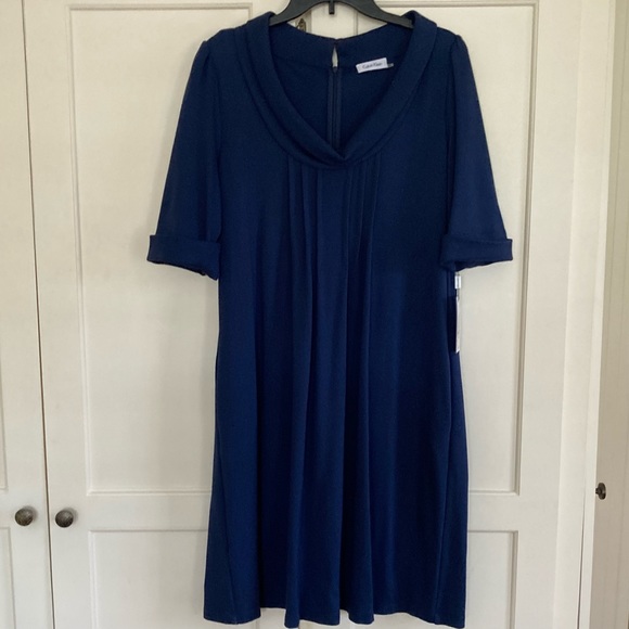 NWT Calvin Klein Navy Blue Shift Dess, Cowl Neck & Side Pockets, Size 14 - Picture 1 of 12